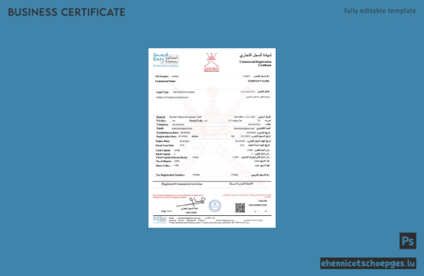Oman-Registrierungszertifikat (Word und PDF), Version 2 – Beispielvorschau